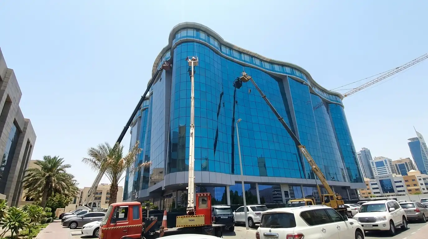 فريق متخصص ينظف واجهة مبنى زجاجية على ارتفاع